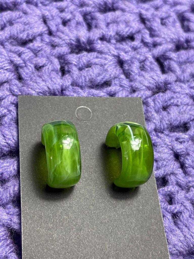 Green White Swirled Acrylic Half Hoop Earrings 7/8 Inch